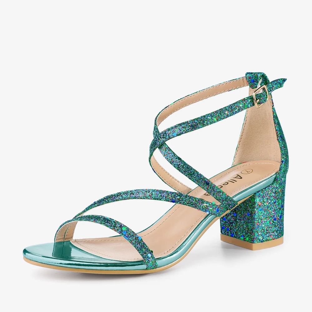 Allegra K Green Glitter Strappy Heels